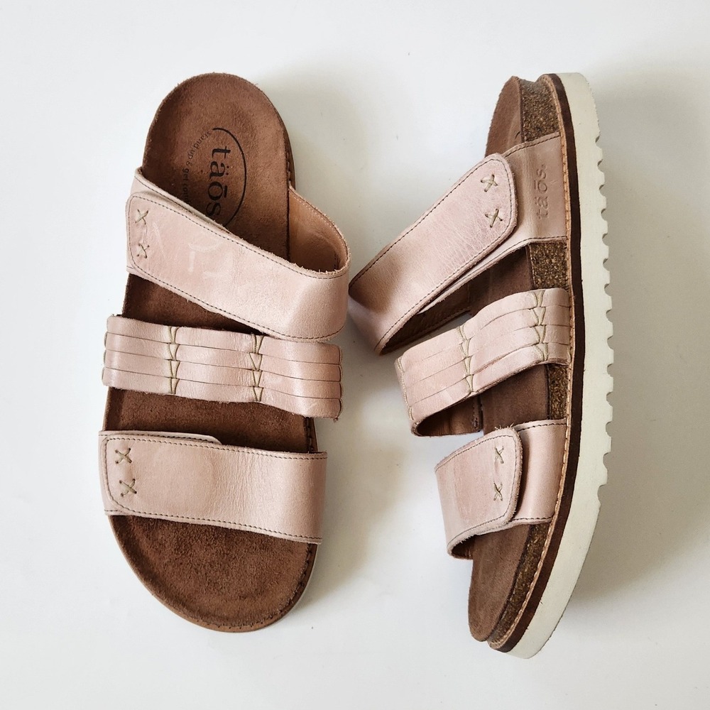 Taos Tremendous Three Band Leather Slide Sandals Granola 9 Pink Casual Comfort